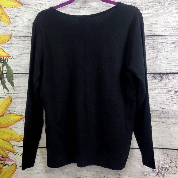 Karen Scott Poinsettia Heart Black Long Sleeve‎ Tee Size L - Picture 7 of 7